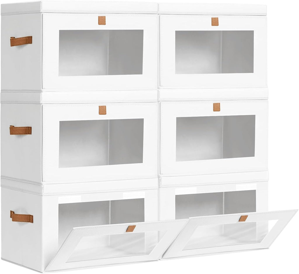 Large Clothing Storage Bins - Collapsible Boxes with Handles & Window, Decorative Organizer Bins with Lids, Fabric Containers for Living Room, Dorm, 6 Pack, White