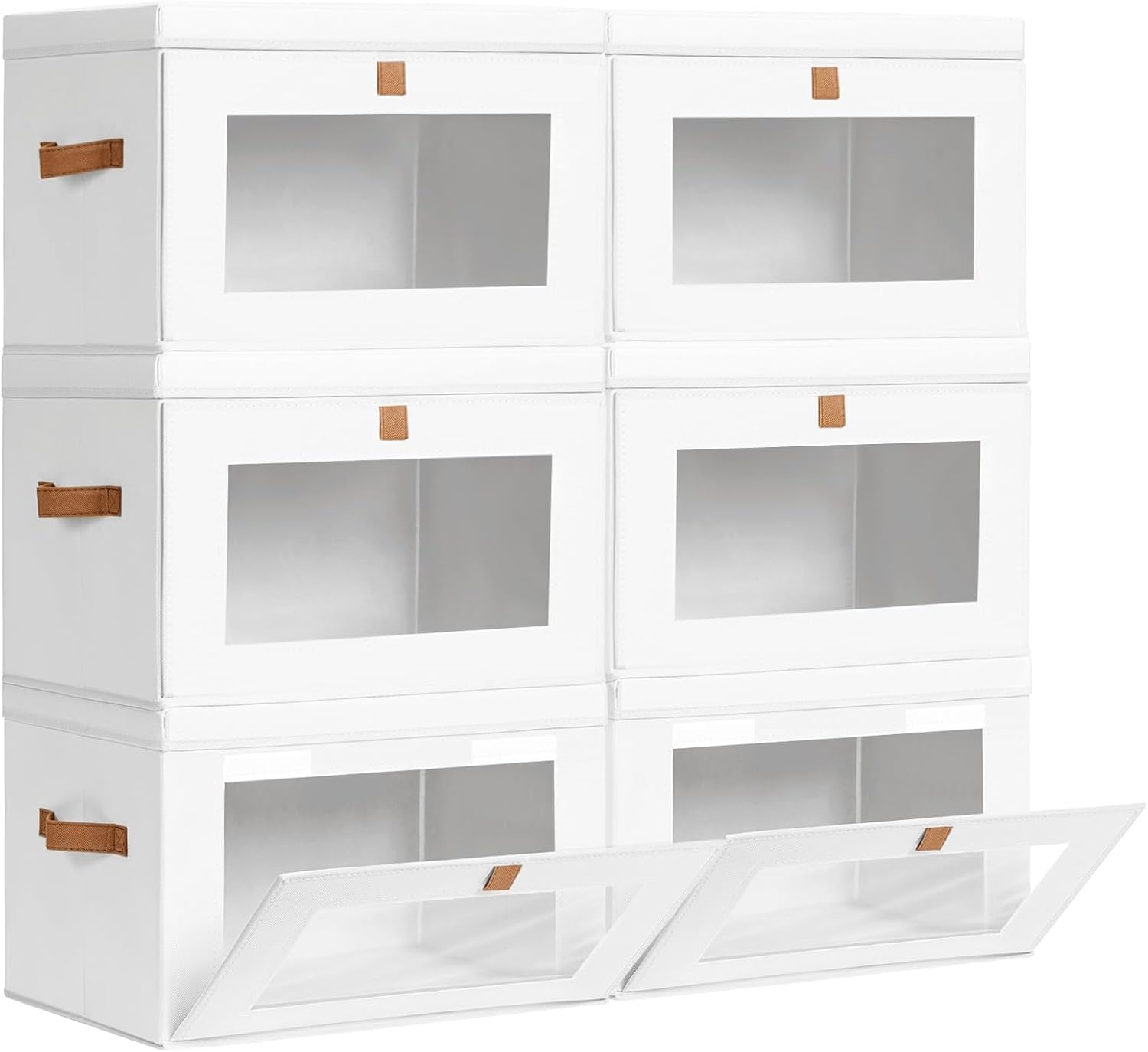 Large Clothing Storage Bins - Collapsible Boxes with Handles & Window, Decorative Organizer Bins with Lids, Fabric Containers for Living Room, Dorm, 6 Pack, White