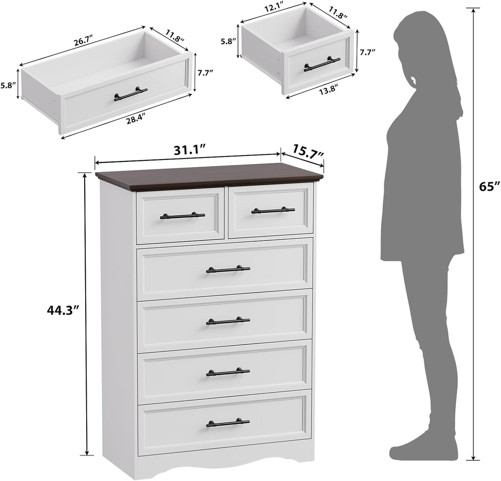 White 6-Drawer Dresser for Bedroom, 44" Tall Chest of Drawers