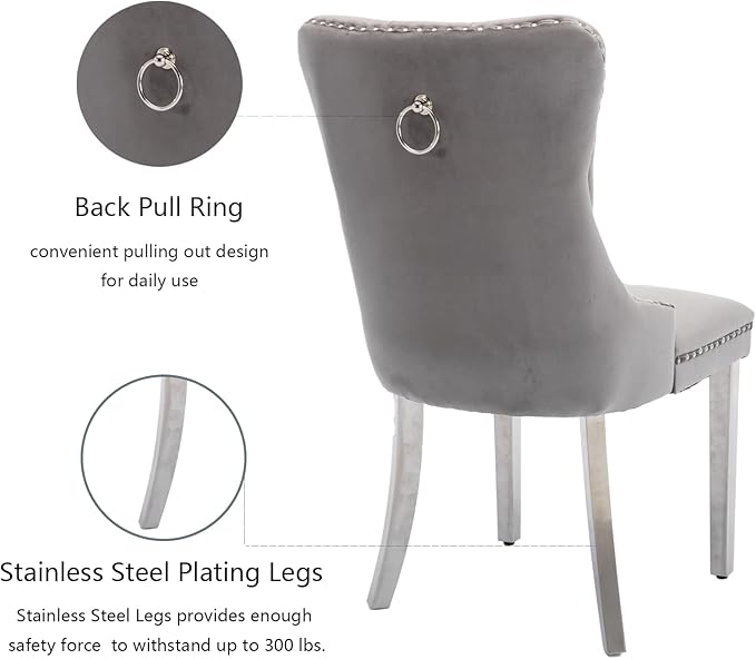 Velvet Dining Chairs Set of 6, Upholstered Dining Room Chairs with Back Ring Pull Trim and Sliver Stainless Steel Legs,Modern Kitchen Chairs Perfect for Dining Room,Kitchen(Grey)