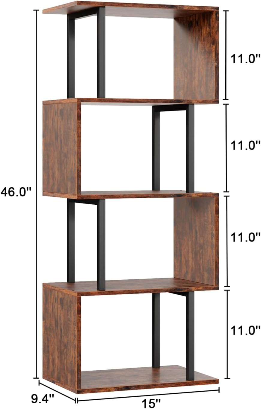 Furologee 5 Tier Bookshelf, S Shaped Geometric Bookcase, Narrow Freestanding Display Shelves, Modern Wood Decorative Storage Rack for Bedroom, Living Room, Home Office, Rustic Brown