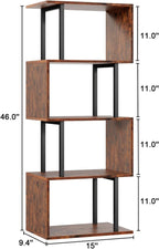 Furologee 5 Tier Bookshelf, S Shaped Geometric Bookcase, Narrow Freestanding Display Shelves, Modern Wood Decorative Storage Rack for Bedroom, Living Room, Home Office, Rustic Brown