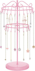 iDavosic.ly 2 Tier Rotating Necklace Holder Organizer with 42 Hooks, Adjustable Metal Bracelet Display Stand Rack, Extra Tall Keychain Spinning Tree Tower for Women, Pink