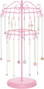 iDavosic.ly 2 Tier Rotating Necklace Holder Organizer with 42 Hooks, Adjustable Metal Bracelet Display Stand Rack, Extra Tall Keychain Spinning Tree Tower for Women, Pink