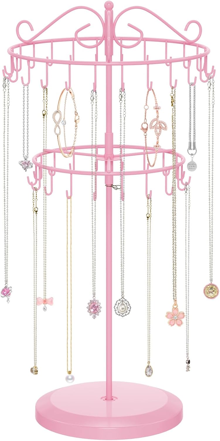 iDavosic.ly 2 Tier Rotating Necklace Holder Organizer with 42 Hooks, Adjustable Metal Bracelet Display Stand Rack, Extra Tall Keychain Spinning Tree Tower for Women, Pink