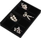 DesignSter Small Jewelry Tray-Ring Organizer 2PCS Premium Velvet Rings Earrings Display Tray Storage Insert Holder for Jewelry Box, Drawer, Dresser (4 Grids, Black)