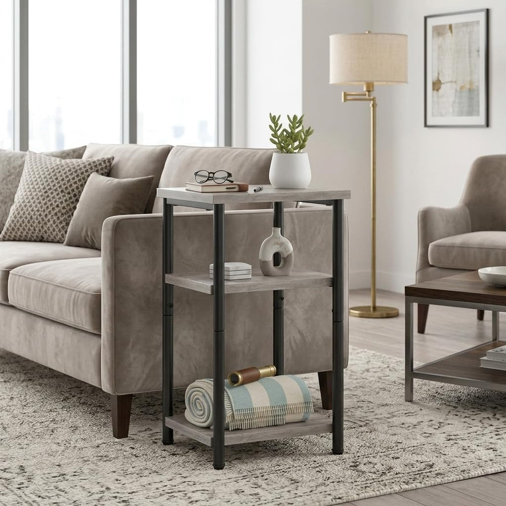 3 Tier End Table for Small Space, Modern Oak Grey Side Table with Metal Frame...