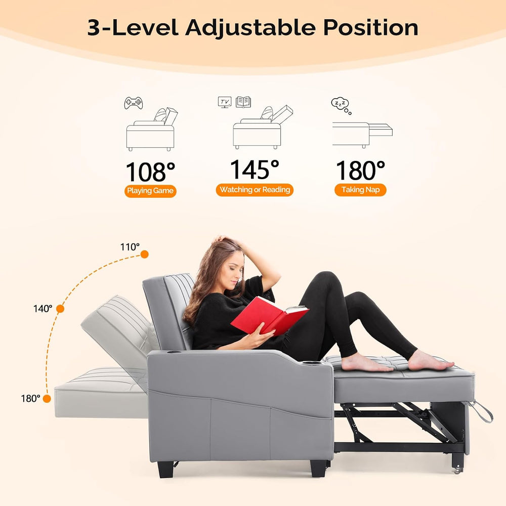 VINGLI Light Grey Futon Sofa Bed Convertible Loveseat Sleeper Couch, Faux Lea...
