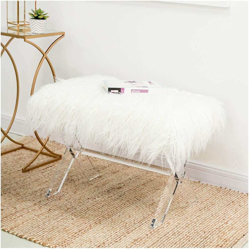Glitzhome Ottoman Bench, White Faux Fur Ottoman Foot Rest, 25.5" L Moder...