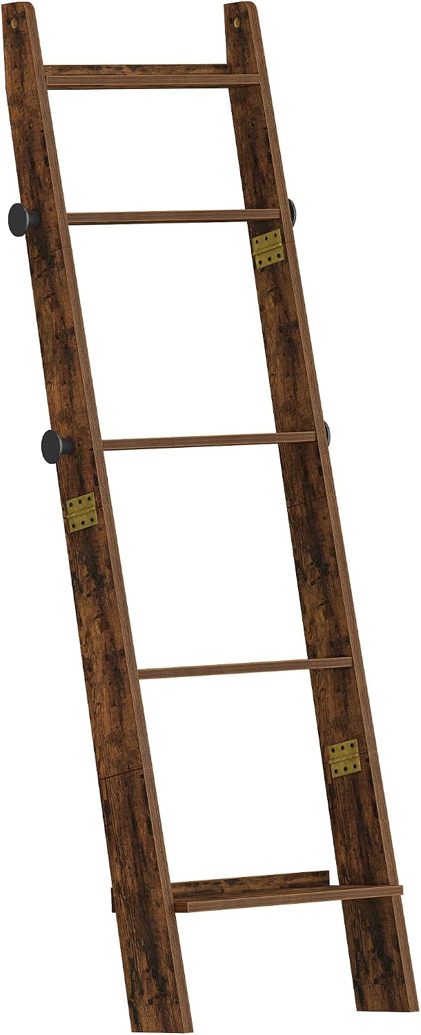 Hzuaneri Blanket Ladder, Decorative Quilt Rack with 4 Removable Hooks | 5-Tier Blanket Ladder Shelf for Bedroom Living Room, Rustic Brown BR30501X