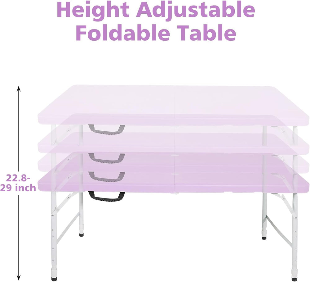 4 FT Folding Table with Carry Handle, Portable Fold-in-Half Plastic Table, Re...