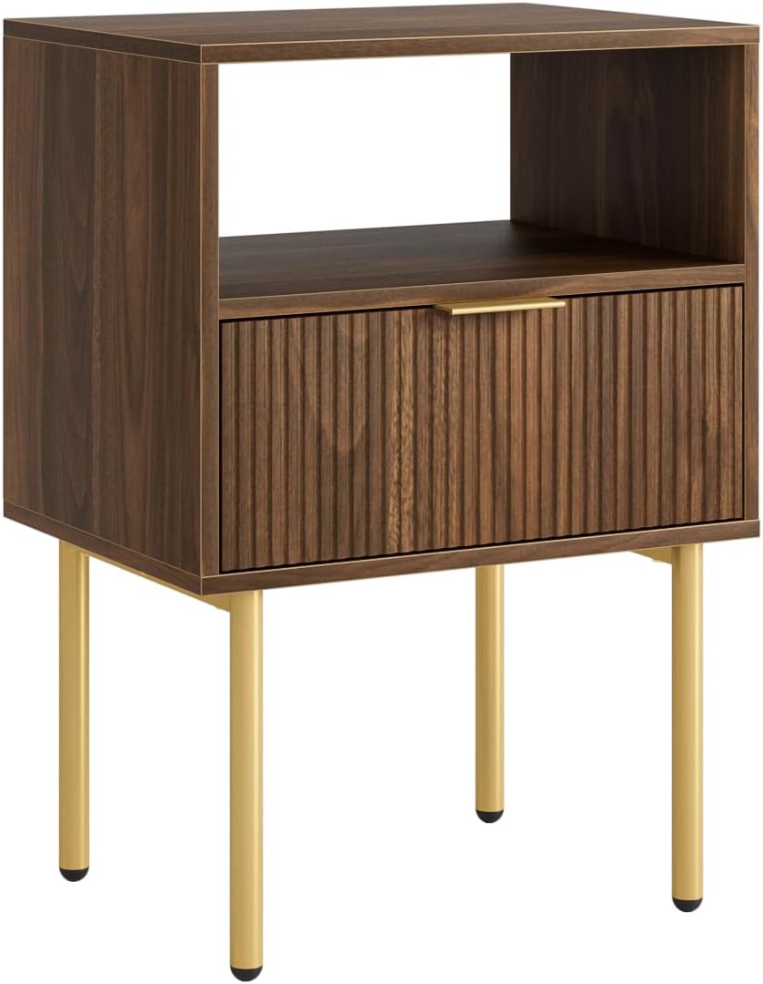 Nightstand,Small Bedside Table with Gold Frame,Walnut Night Stand,Bedside Fur...