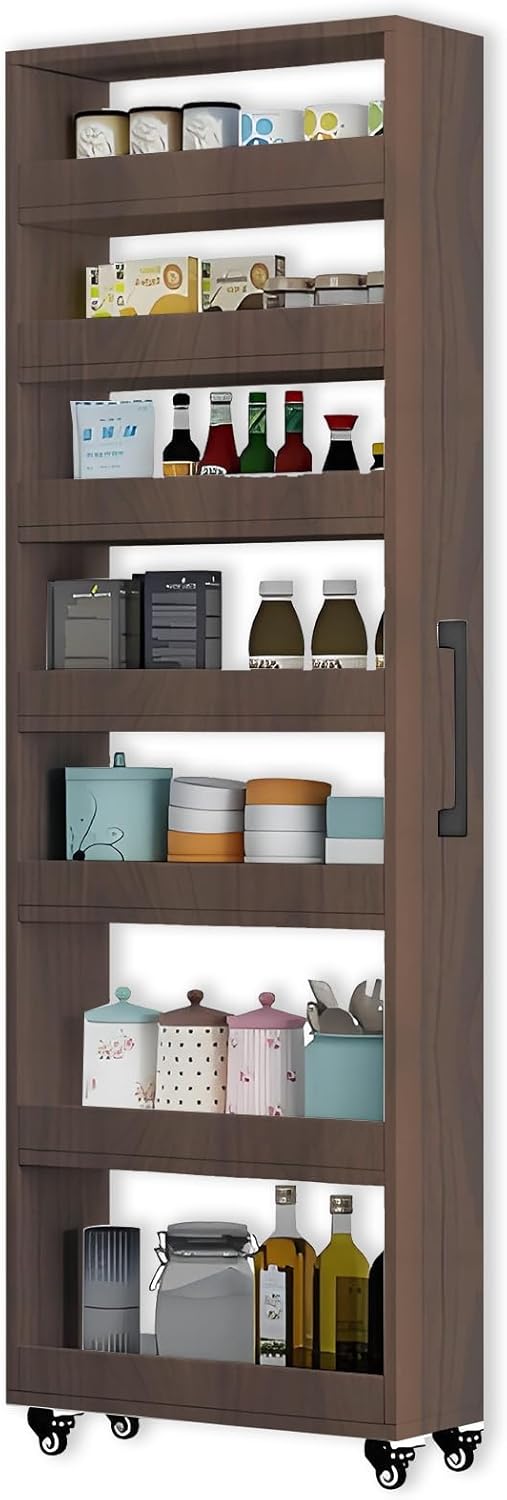 7-Tier Slim Storage Cart, Wooden Rolling Pantry Cabinet with Wheels, Narrow Shelf Organizer for Kitchen, Bakers Rack, Dining Room, Closet, Small Spaces Teak 47.2" H*7.8" W*23.6" D