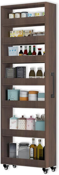 7-Tier Slim Storage Cart, Wooden Rolling Pantry Cabinet with Wheels, Narrow Shelf Organizer for Kitchen, Bakers Rack, Dining Room, Closet, Small Spaces Teak 47.2" H*5.9" W*23.6" D