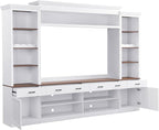 Farmhouse 4-Piece Entertainment Center with Bookshelf for TVs Up to 70", TV Stand with Adjustable Shelves, Mid-Century Media Console with Wine Rack for Living Room (White+Deep Walnut1)