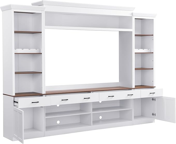 Farmhouse 4-Piece Entertainment Center with Bookshelf for TVs Up to 70", TV Stand with Adjustable Shelves, Mid-Century Media Console with Wine Rack for Living Room (White+Deep Walnut1)