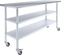 AmGood Stainless Steel Work Table with 2 Shelves and Casters | Metal Utility Table On Wheels (Stainless Steel Work Table with 2 Shelves + Casters, 72" Long x 24" Deep)