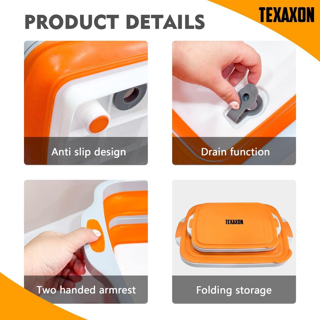 8L/16L BBQ Prep Tub with Cutting Board, Lid & Complimentary Mitts/Gloves – Collapsible Bucket for BBQ, Marinade, Picnic, Camping, Meat Prep – Orange/Black (Orange, Large)