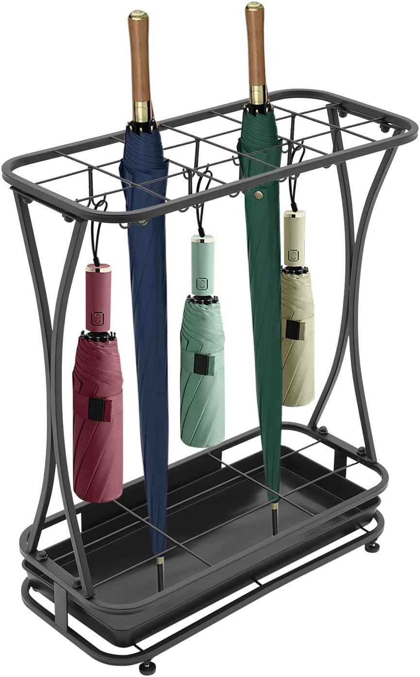 Industrial Metal Umbrella Holder Stand with 18 Slots & 20 Hooks, Free Standing Entryway Organizer with Removable Drip Tray Heavy-Duty Rust-Proof Design for Home, Office, Hotel, Patio Decor