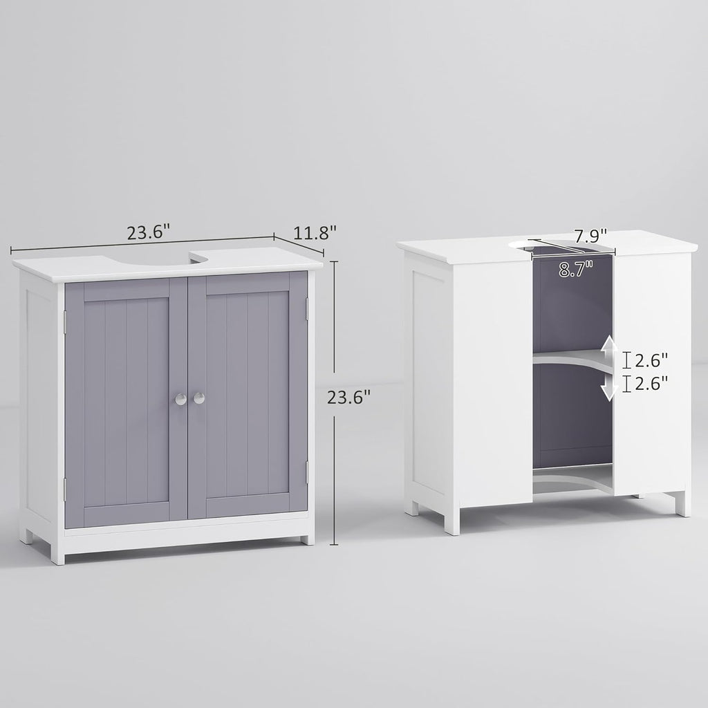 kleankin 23.5" Pedestal Sink Storage Cabinet, Freestanding Bathroom Under Sink Cabinet with U-Shape Cut-Out and Adjustable Shelf, White and Gray