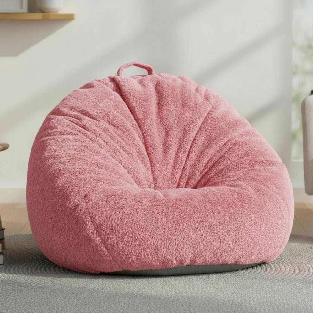 Faux Rabbit Fur Bean Bag Chair Cover Only (No Filler), Stuffed Animal Storage Bean Bag Cover, Ultra‑Soft, Washable, Zippered, Non‑Slip Bottom, Handle,Living Room Furniture for Adults Pink