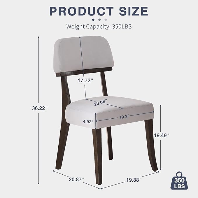 Modern Wood Dining Chairs Set of 4, Velvet Upholstered Kitchen Chairs with Open Curved Backrest & Black Hardwood Legs for Vanity, Living Room, 350 LBS Capacity, Grey