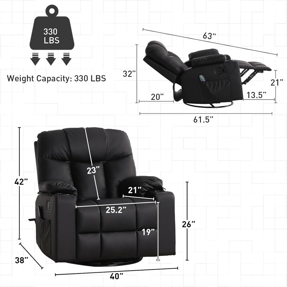 Bonzy Home Oversized Swivel Rocker Recliner, Rocking Recliner Chair, Black