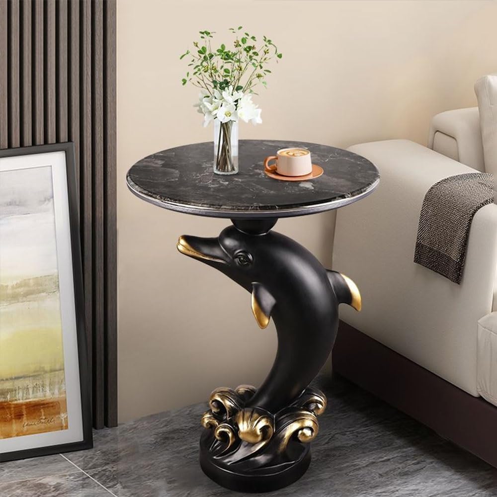 Dolphin Statue Side Table, Resin Pedestal End Table for Living Room, Ocean Co...