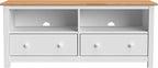 Handcrafted Solid Oak TV Stand Entertainment Center - Elegant White/Pine Media Console with Spacious Storage Drawers & Open Shelves - Sturdy Wood Cabinet Fits TVs up to 55 Inches