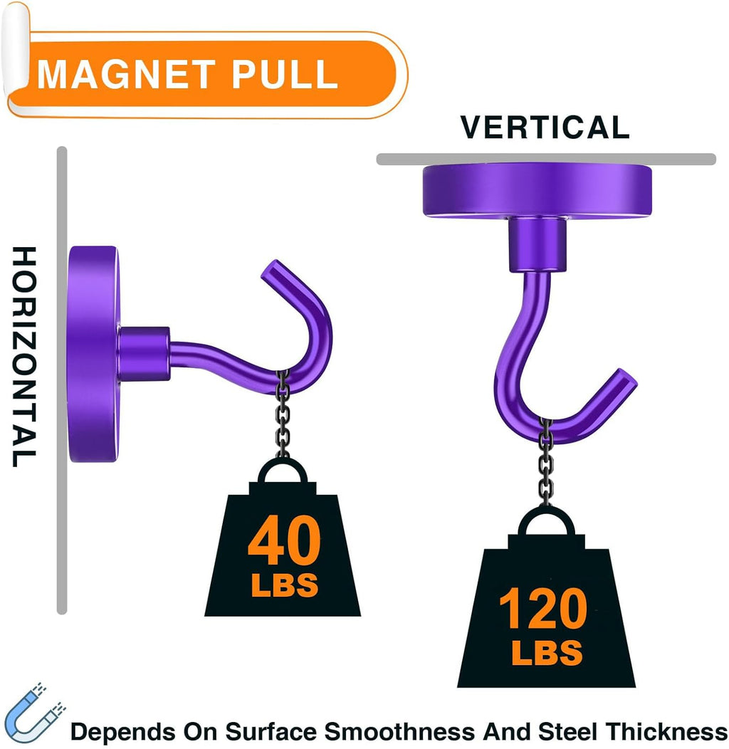 MIKEDE Strong Magnetic Hooks, 120Lbs Heavy Duty Magnetic Hooks for Cruise, Neodymium Earth Magnets with Hooks for Hanging, Super Metal Industrial Magnets for Grill, Storage (Purple,10 Pack)