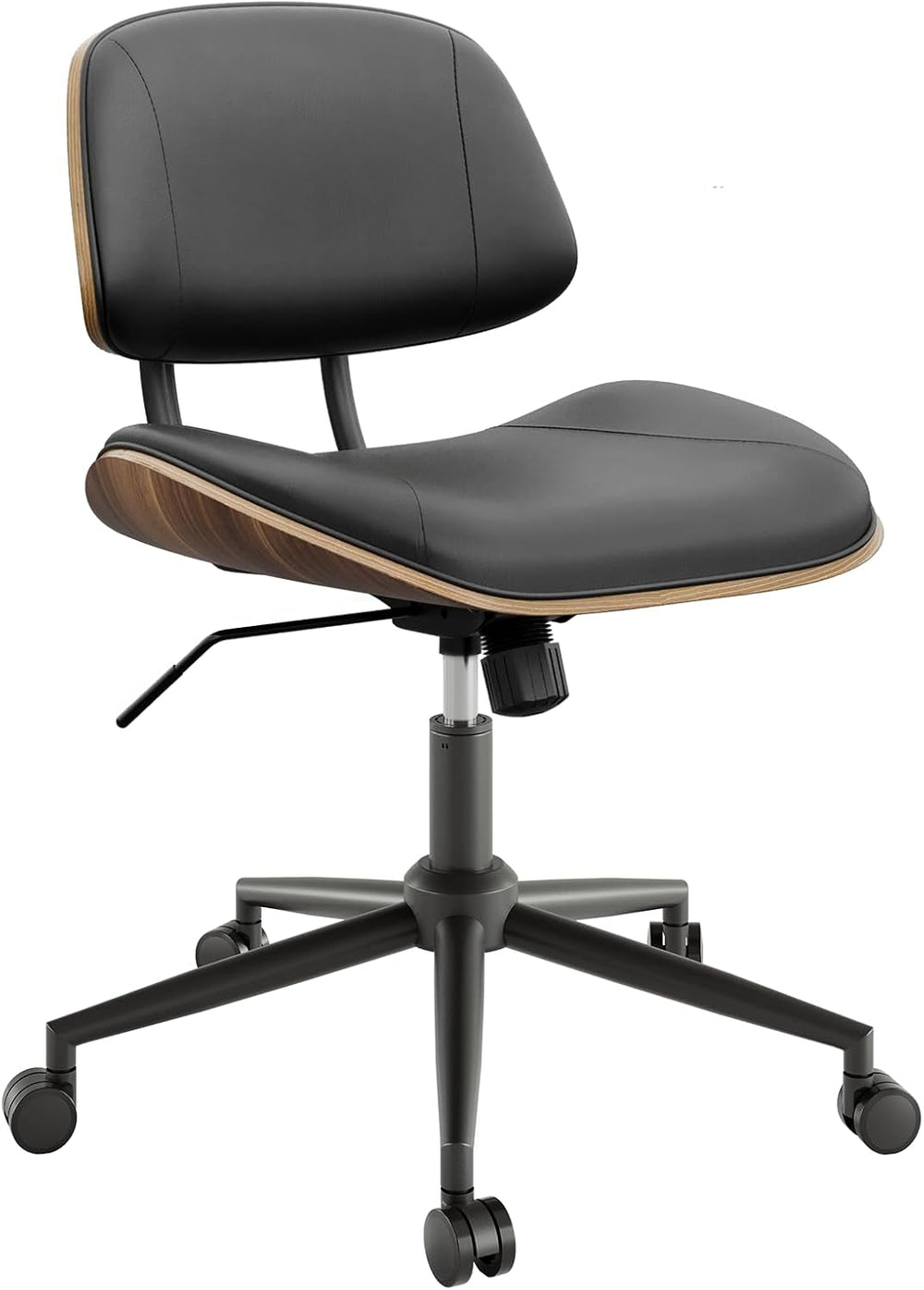 Armless Office Chair with Wheels, PU Leather Desk Chair, Black | Adjustable H...