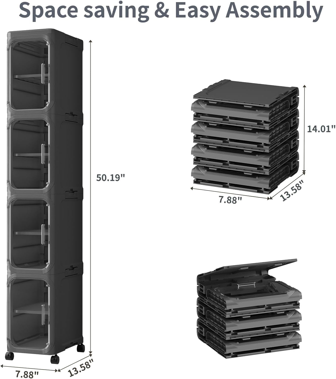 4 Tier Slim Bathroom Storage Cabinet, Foldable and Movable, Black | Tools Free, ABS and PET, Magnetic Clear Door, Adjustable Shelves, Lockable Wheels, Water Resistant, For Narrow Space