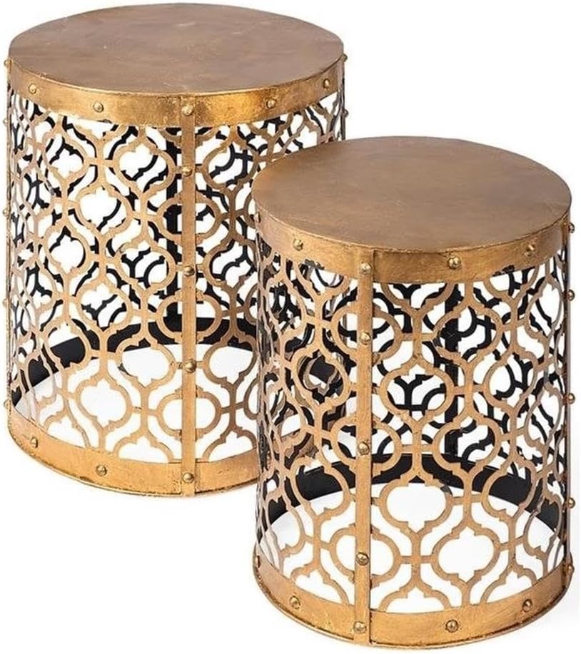Pemberly Row Gold Cylindrical Metal Accent Tables, Set of 2, 16x15 in, Antiqu...