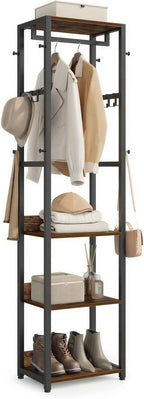 VASAGLE Coat Rack, Freestanding Hall Tree with Shelves, Hanging Rail, and Hooks, Space-Saving Coat Stand, Steel Frame, for Clothing, Bags, Hats, Ink Black and Rustic Brown URCR061BD04