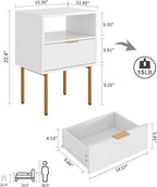 Masupu Nightstand,Mid-Century Modern Bedside Table with Storage Drawer and Open Wood Shelf,Small Gold Frame Side Table for Bedroom,Living Room,White
