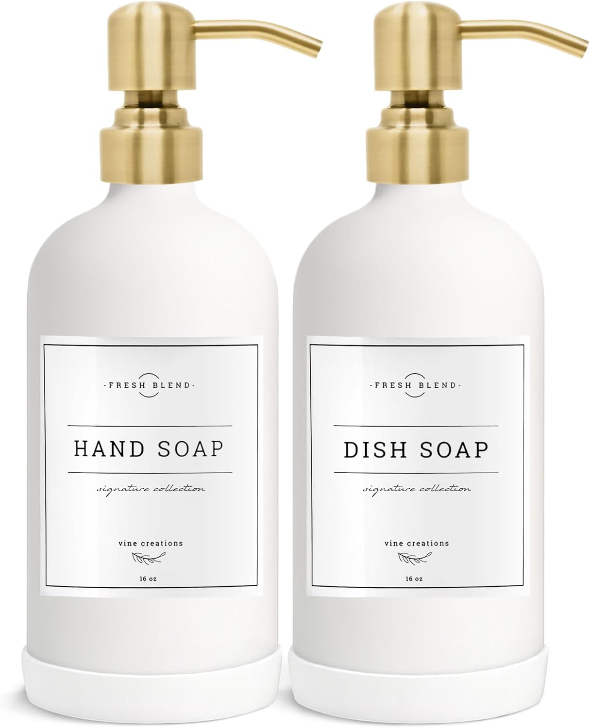 Vine Creations White Glass Soap Dispenser, 2 Pack Kitchen Soap Dispenser Set with Stainless Steel Pump, 16 oz Dish Soap and Hand Soap Dispensers for Bathroom with Waterproof Labels