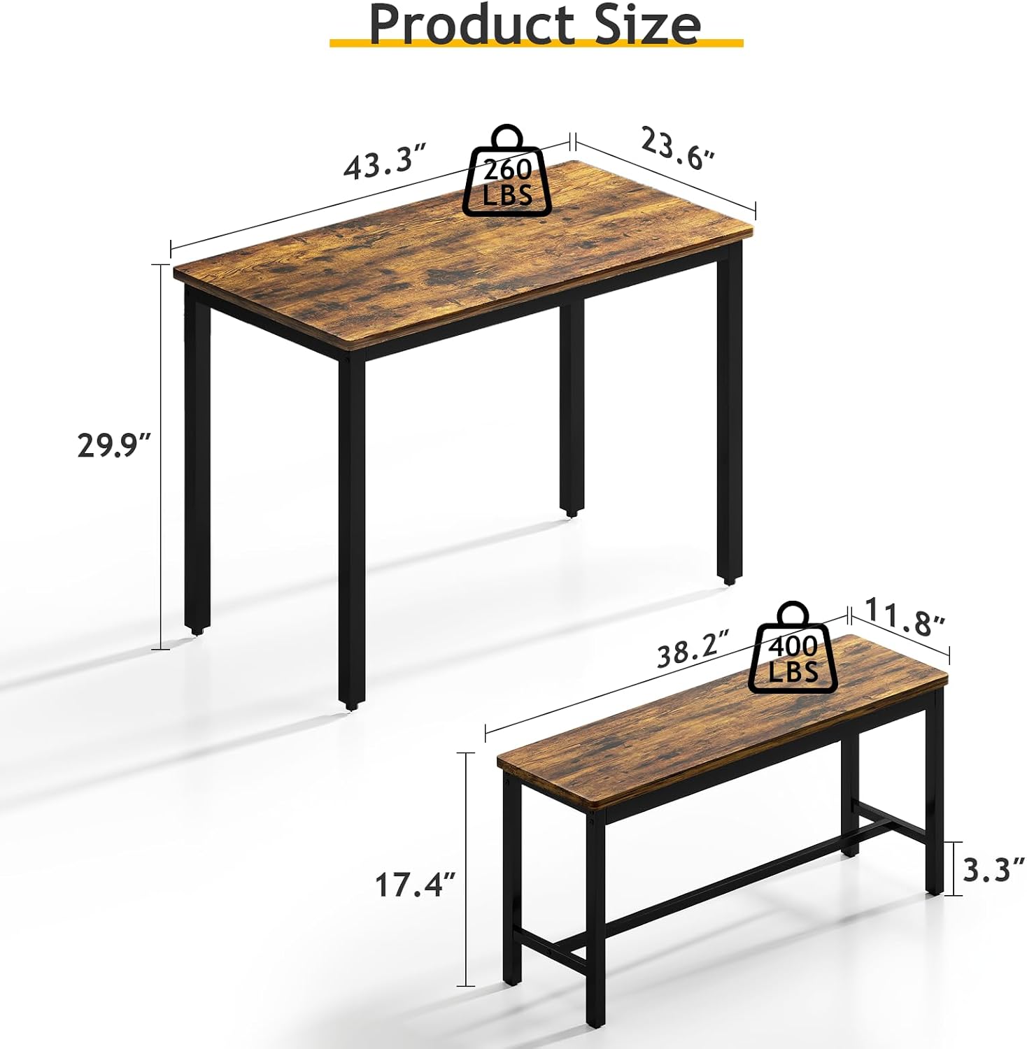 Rovibek Dining Table Set for 4 with 2 Benches – Space-Saving Kitchen Table Set for Kitchen & Dining Room, Rustic