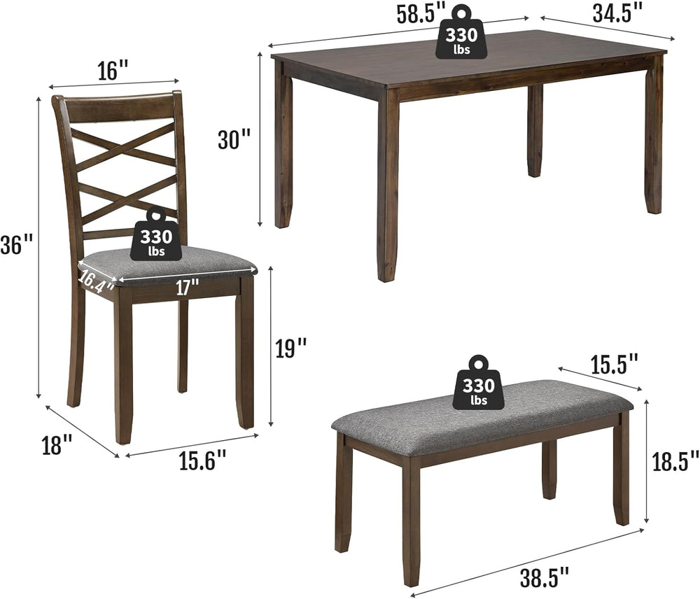 Zevemomo 6-Piece Solid Wood Dining Table Set, Includes 1 Dining Table, 4 Upho...