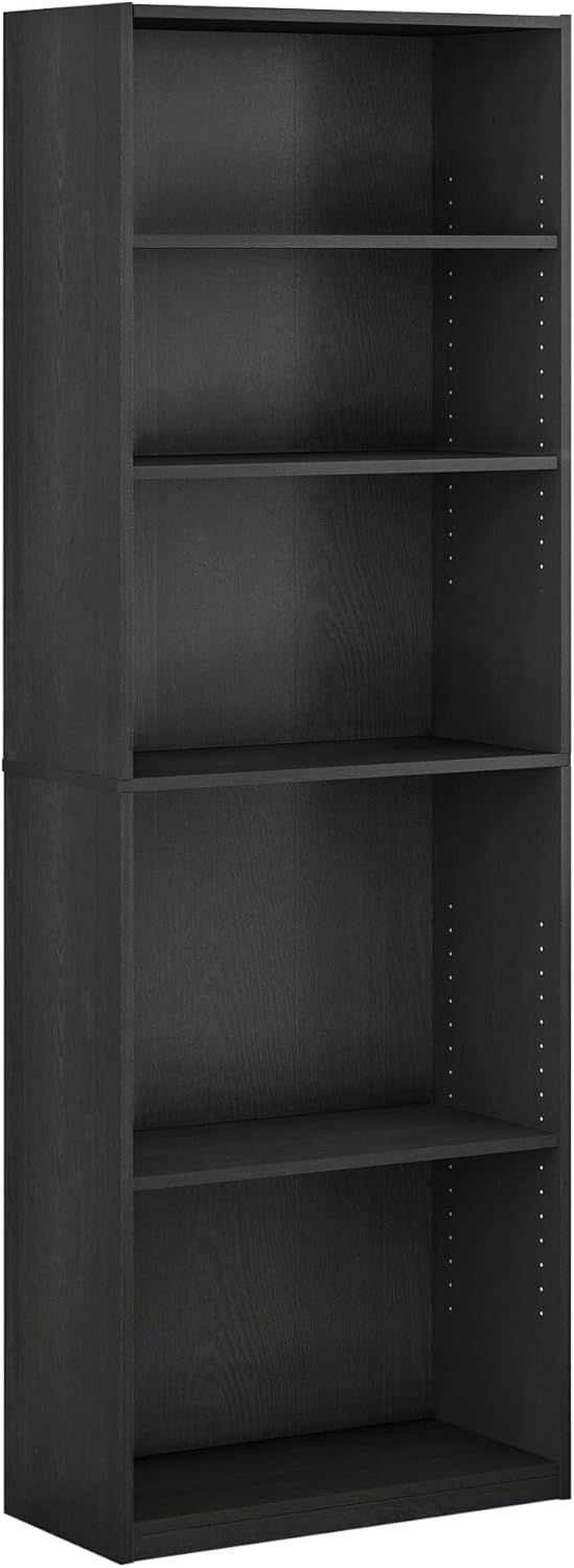 Furinno Jaya Book Shelf, 5-Tier Bookshelf, Bookcase with Adjustable Shelves, 9.5 x 24.5 x 71.2, for Organization and Storage, for Living Room, Bedroom, Home Office, Blackwood