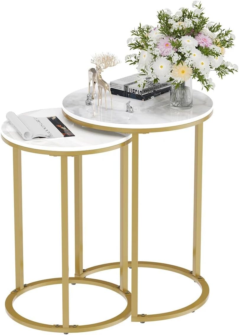 Set of 2 Modern Round Marble Metal Base Nesting Set Side Accent Table Living ...