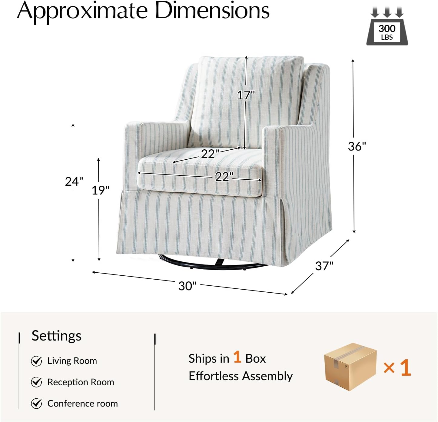 HULALA HOME Farmhouse Swivel Rocker Chair with Washable Slipcover, Blue | Swivel Rocking Accent Chair with Down Filled Cushions, Striped Fabric Upholstered Barrel Armchair for Living Room Bedroom