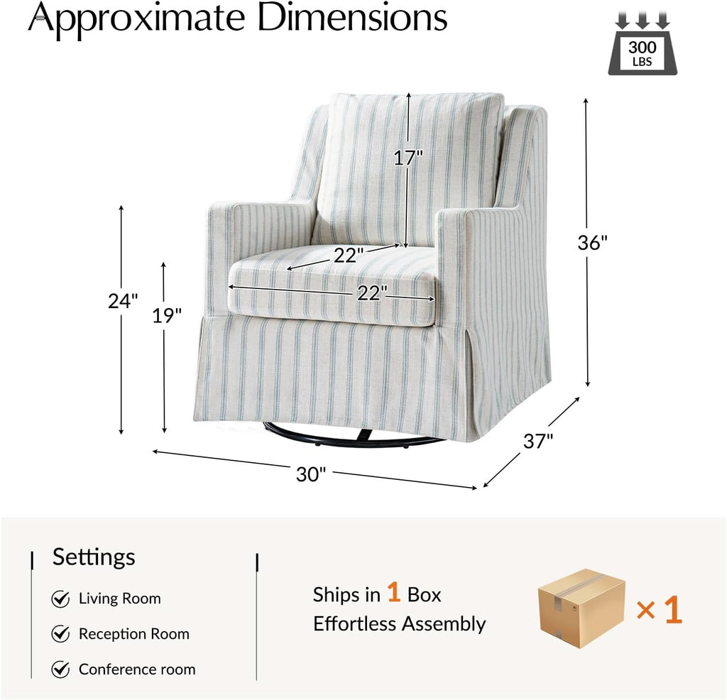 HULALA HOME Farmhouse Swivel Rocker Chair with Washable Slipcover, Blue | Swivel Rocking Accent Chair with Down Filled Cushions, Striped Fabric Upholstered Barrel Armchair for Living Room Bedroom