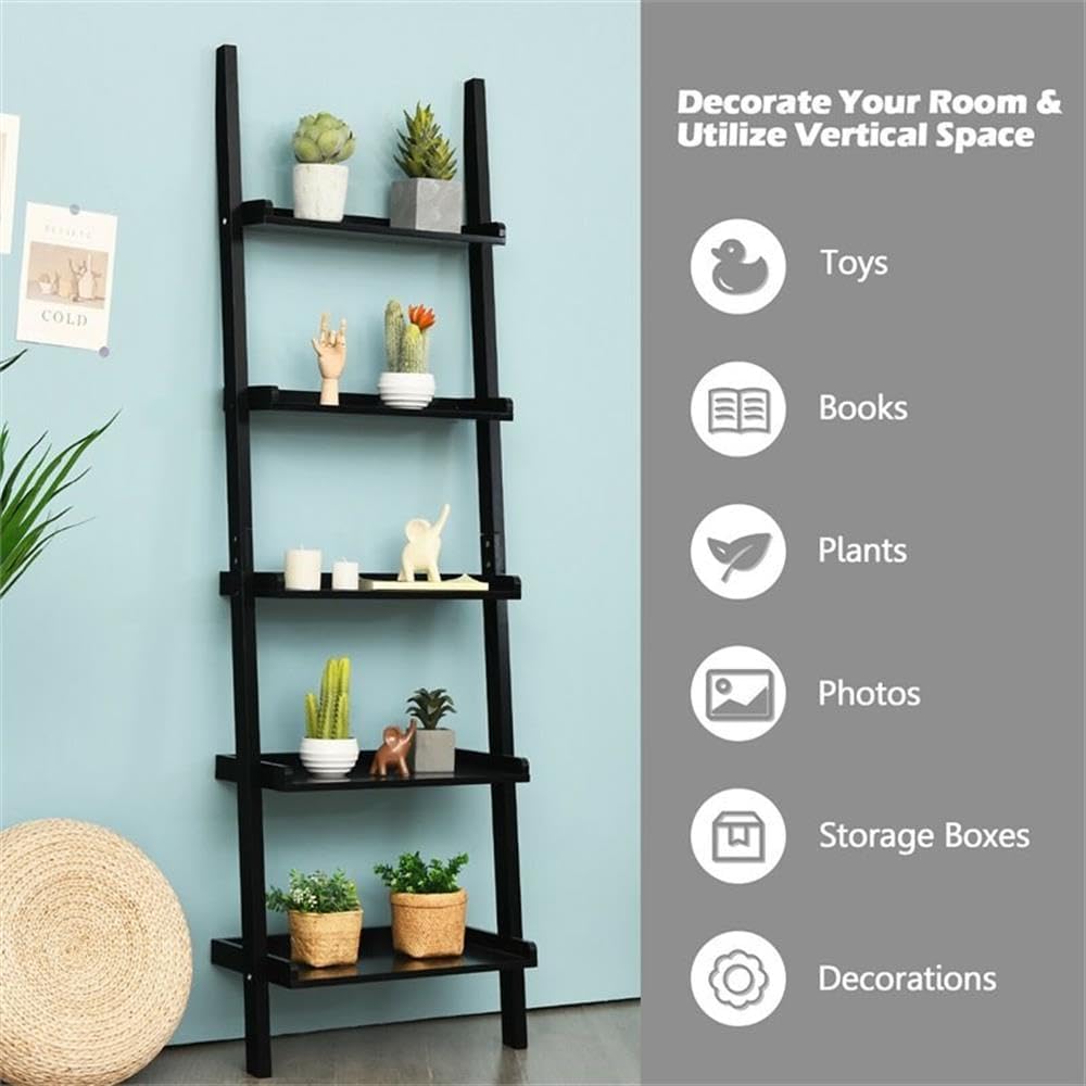 Pemberly Row 5-Tier MDF Ladder Shelves, Black Finish, 74.5" H x 13" W x 23" L, Wall-Leaning Design, Contemporary Storage Unit for Living Room, Study, or Bathroom Decor