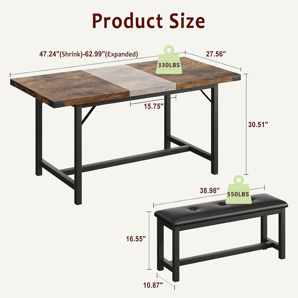 IDEALHOUSE 3 Piece Dining Table Set for 4-6, 63" Extendable Thick Metal ...