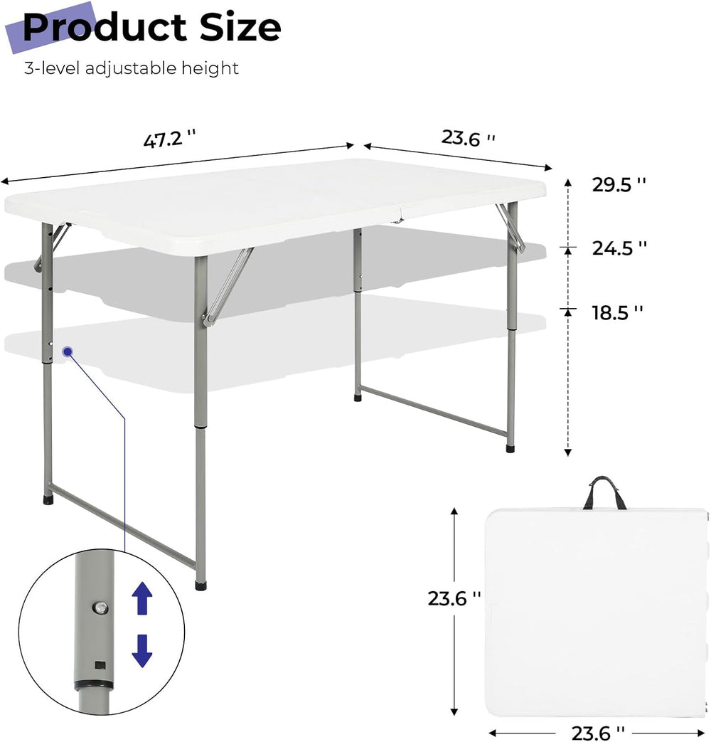 Folding Table 4 Foot,Portable Heavy Duty Plastic Utility Table,White | Adjust...