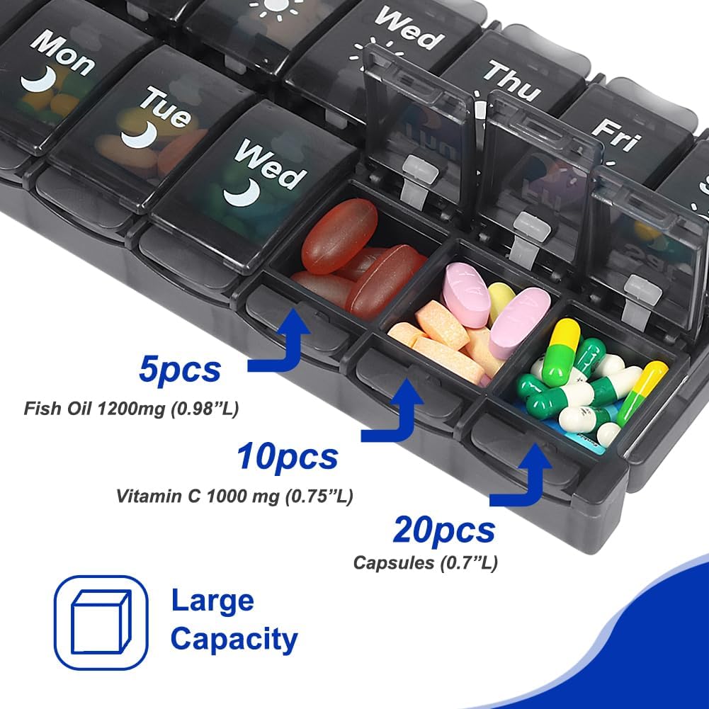 HRX Package Weekly Pill Organizer 2 Times a Day, Easy Fill & Open AM/PM Medicine Box 7 Day Vitamin Cases Day and Night