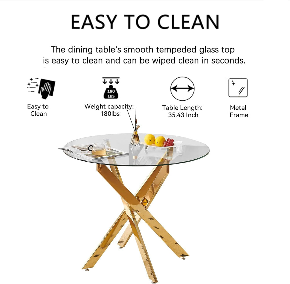 5-Piece Dining Room Table Set, Modern 36" Round Gold Glass Dining Table ...