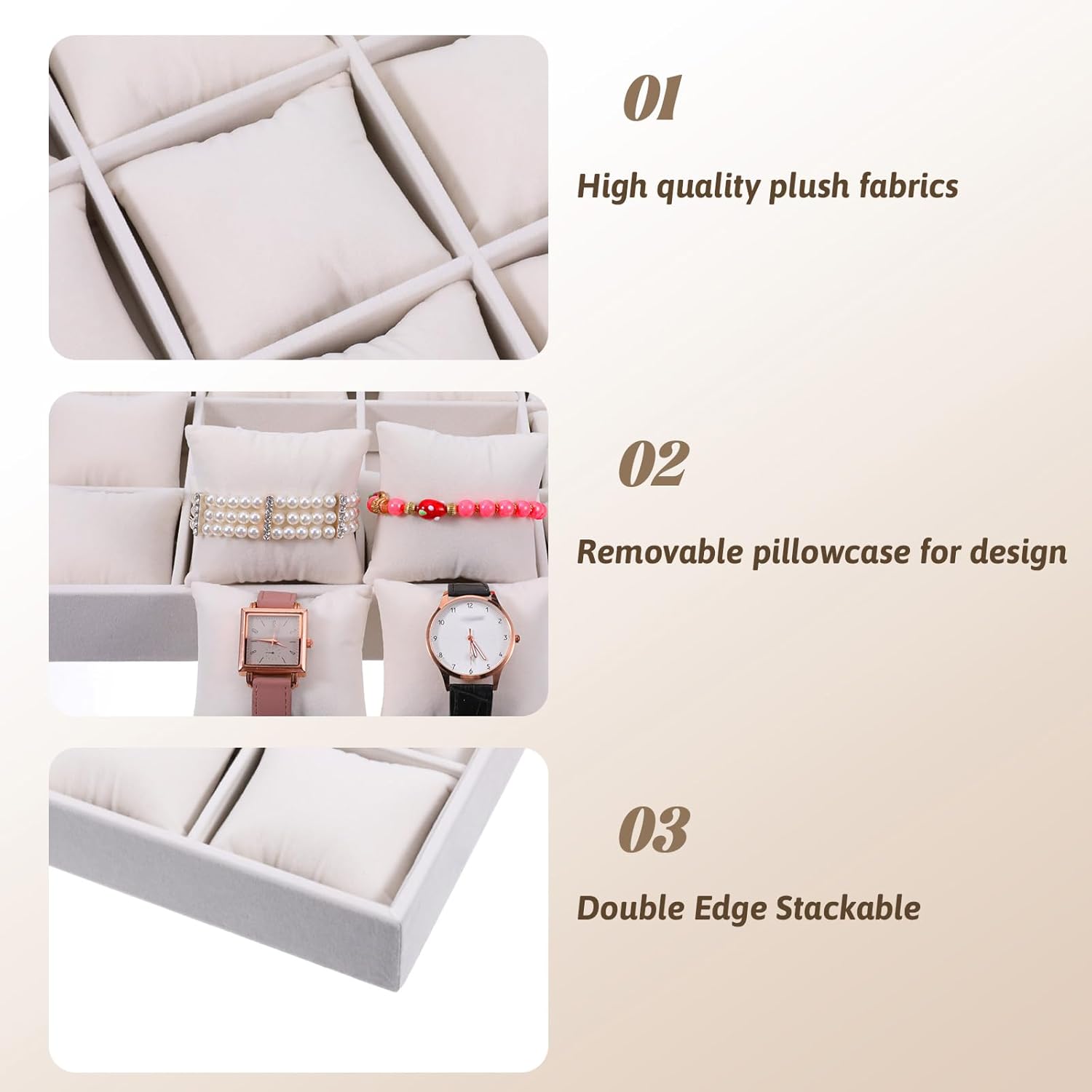 2 Pcs Velvet Watch Tray, 12 Grid Jewelry Organizer Stackable Tray Watch Bracelet Bangle Display Holder with Adjustable Pillows for Woman Man (Beige)