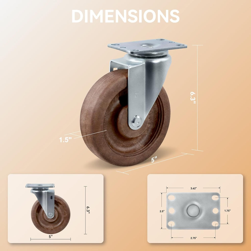 5" Hi-Temp Glass FiIled Nylon Casters, Heavy Duty Casters Set of 4, Industrial Caster Wheels for Commercial Kitchen, Bakery - 2800 lbs Capacity(4 Swivel)