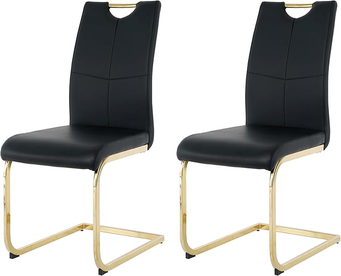 Goujxcy Dining Chairs Set of 2, Modern High Back Kitchen Chairs with Metal Legs and Faux Leather Padded Seat Upholstered Dining Chairs for Dining & Kitchen,Living Room (Black&Gold, Set of 2)